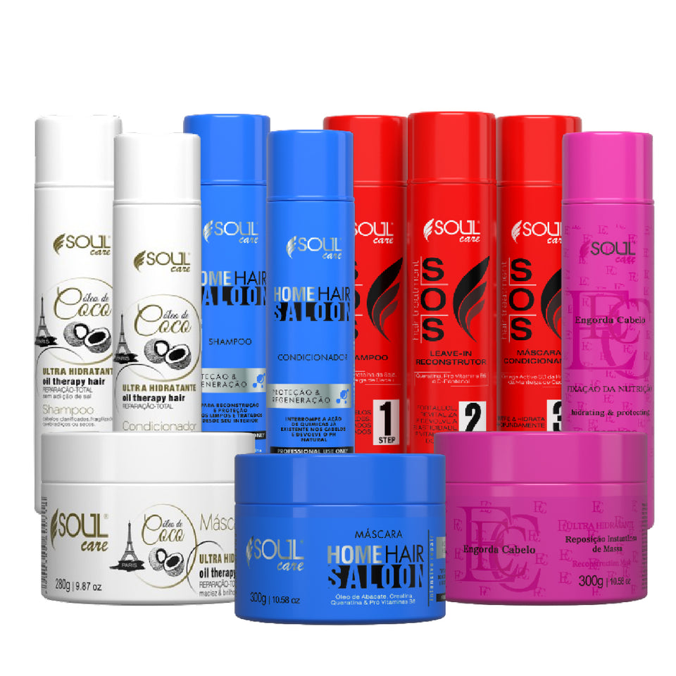Kit Cronograma Capilar - Hidratação, reconstrução, nutrição e cauterização completa (11 Produtos de 300ml e 300g)