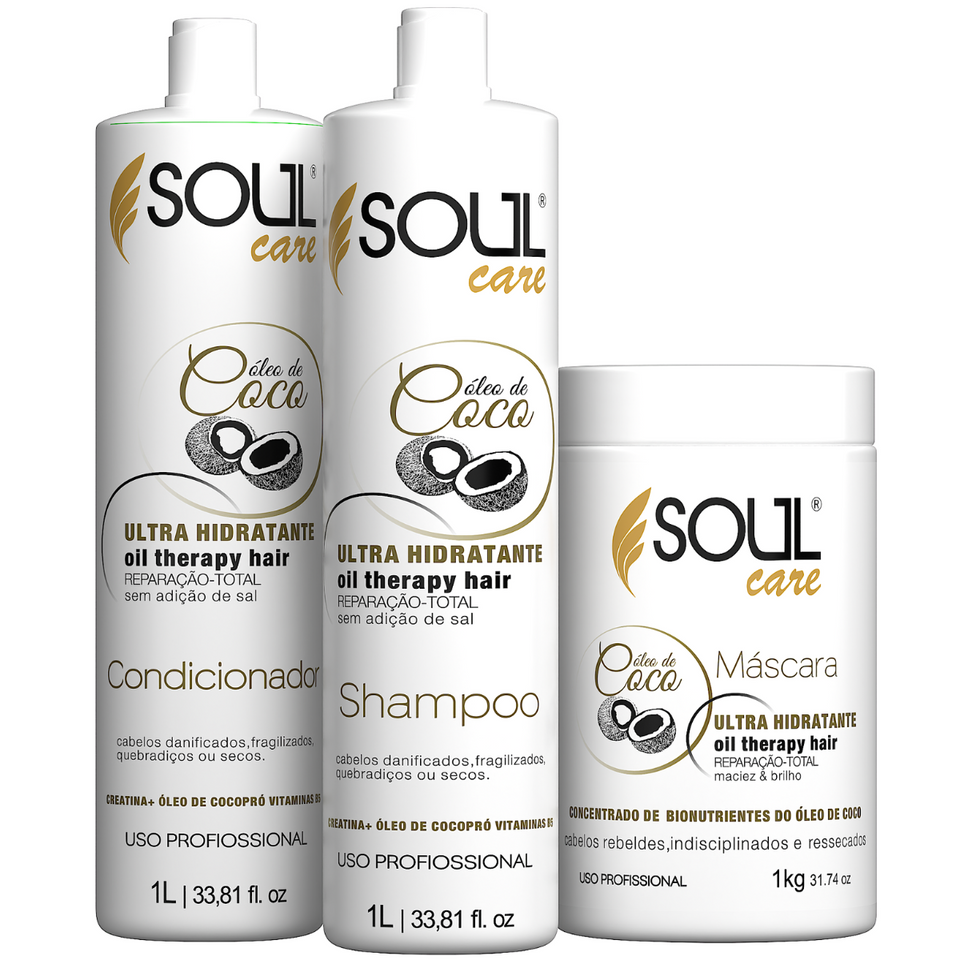 Kit Óleo de Coco Ultra Hidratação: Shampoo 1L + Condicionador 1L + Máscara 1L